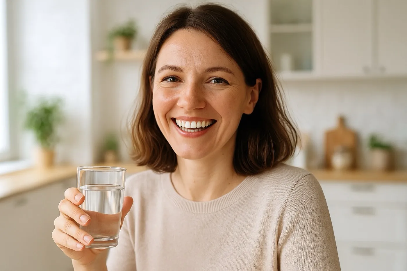 A woman with a bright natural smile in a modern kitchen