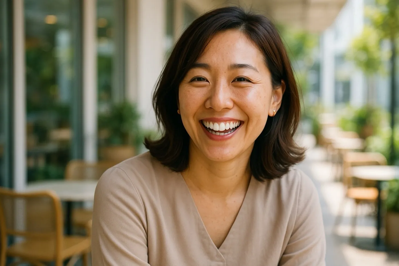 A woman smiling brightly at a cafe