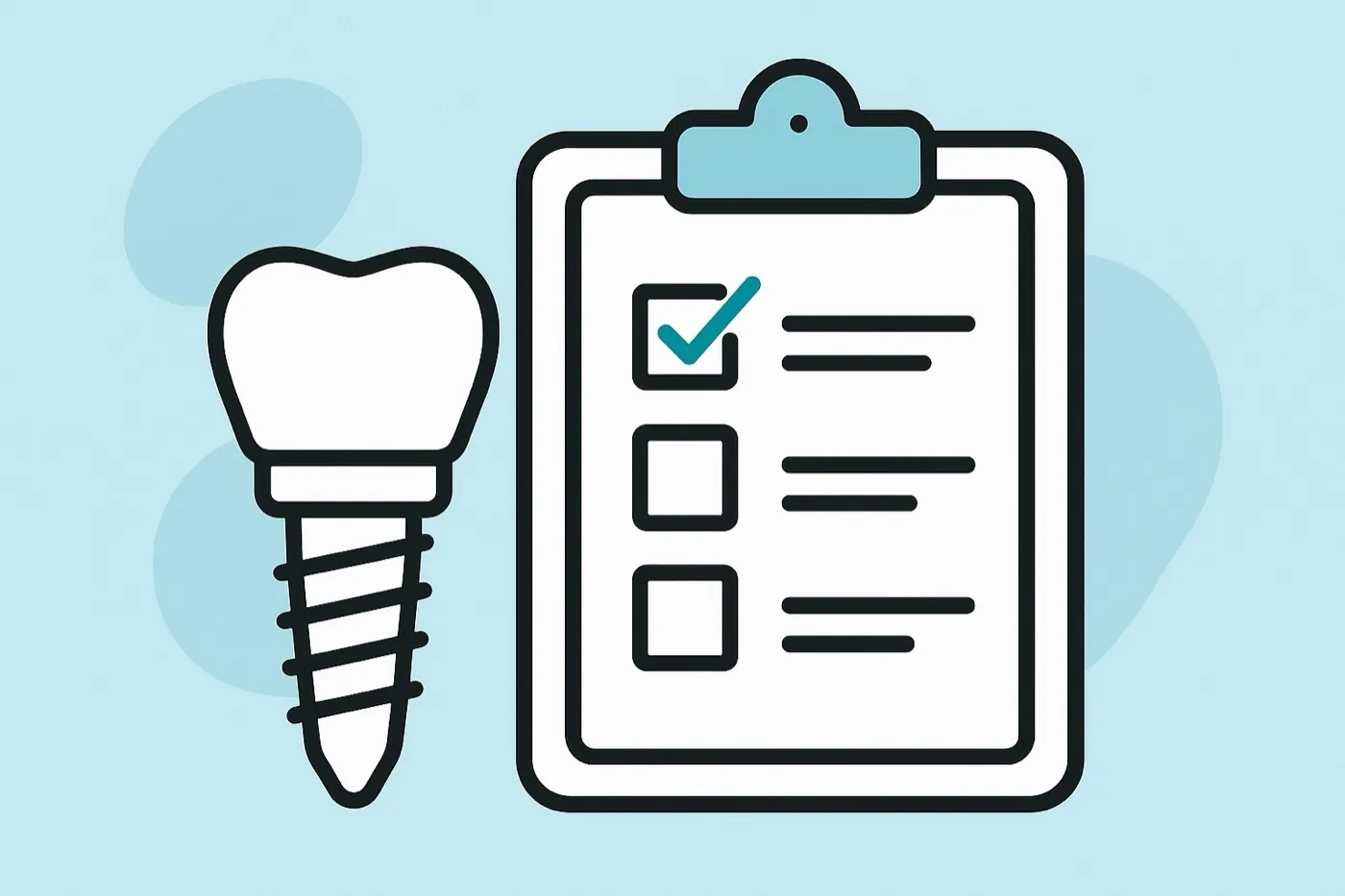 Illustration of a dental implant beside a considerations checklist