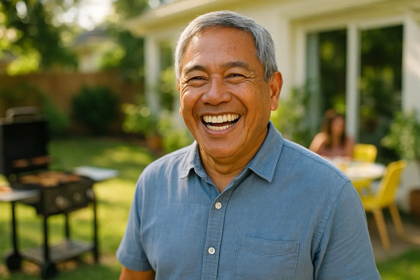 A man smiling confidently at a family barbecue