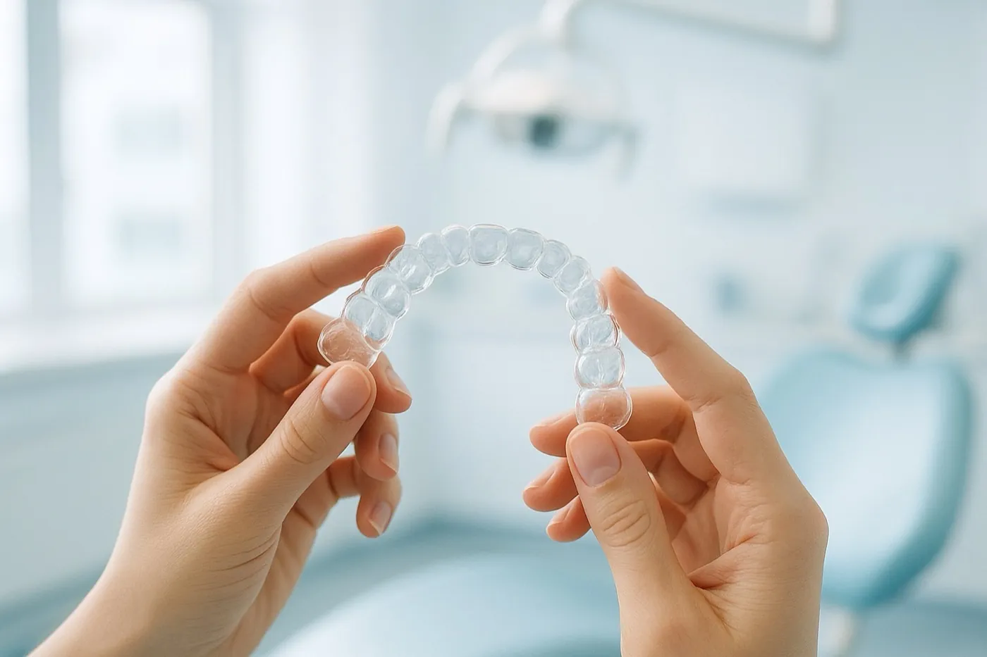 Hands holding a clear Invisalign aligner
