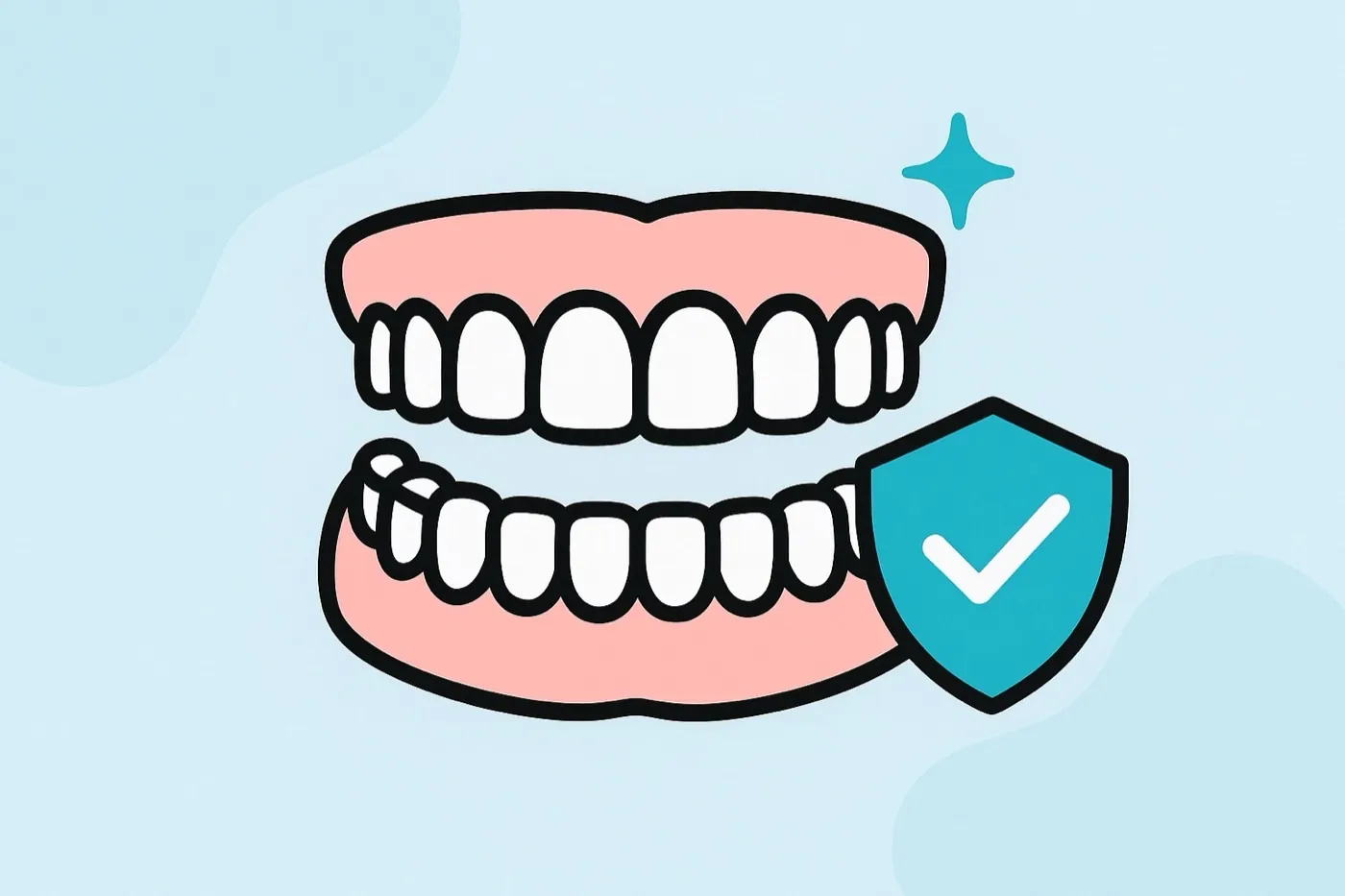 Illustration of a full set of dentures with a quality shield